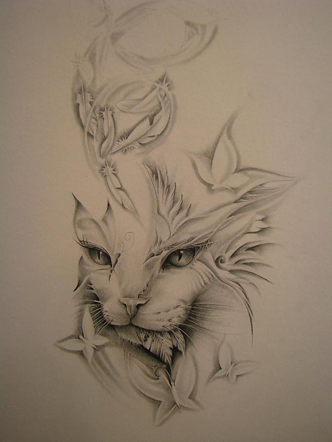 Cat muzzle piece with butterflies and feathers tattoo design
