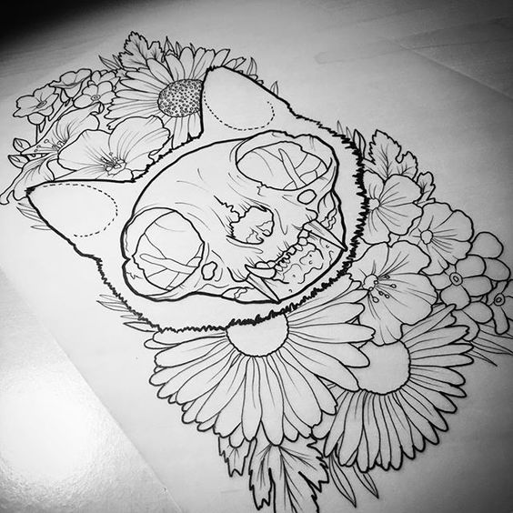 Cat skull in flowers tattoo design