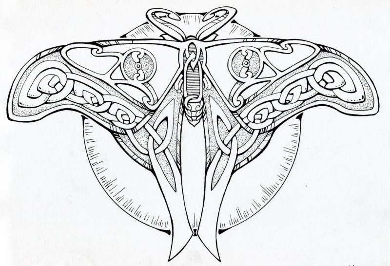 Celtic-patterned moth on shining sun background tattoo design