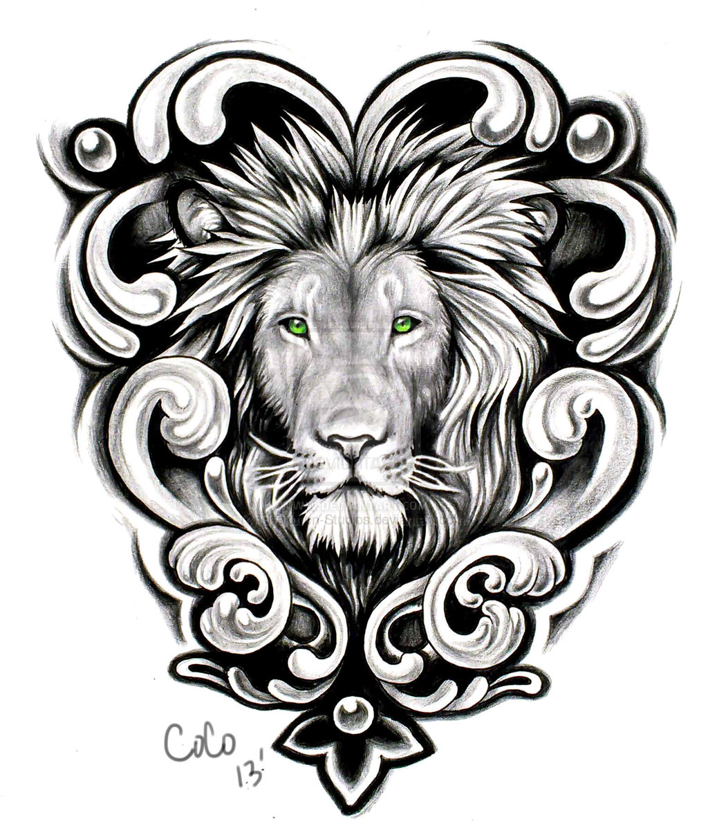 Celtic green-eyed lion portrait in curled frame tattoo design