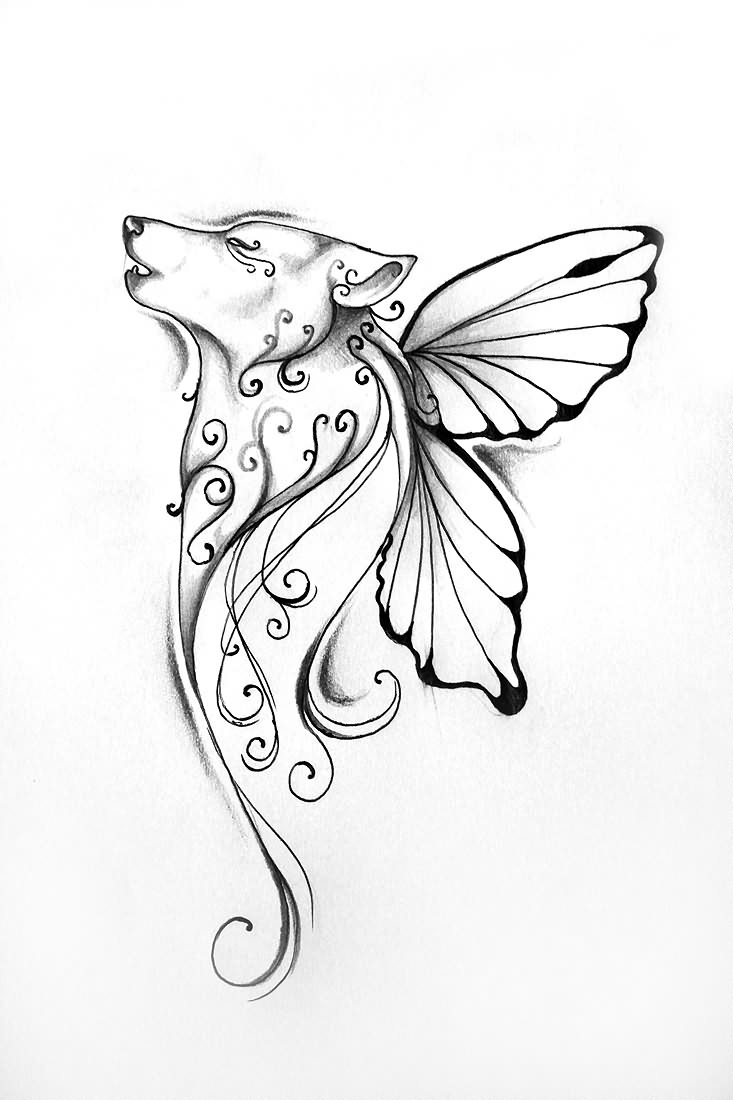 Celtic wolf with butterfly wings tattoo design