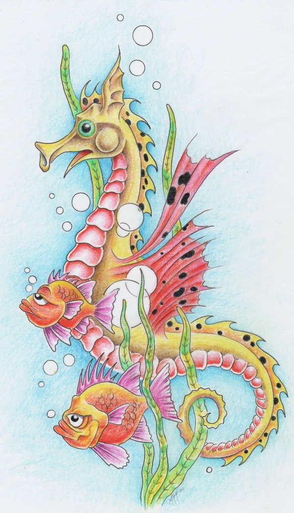Charming animated seahorse swimming with fishes among weeds tattoo design by Mark Fellows