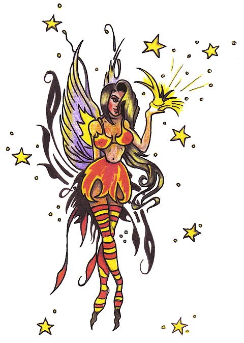Charming beautiful slim fairy among golden shining stars tattoo design