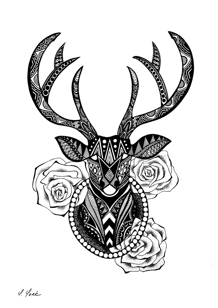Charming blac ornate deer and roses tattoo design
