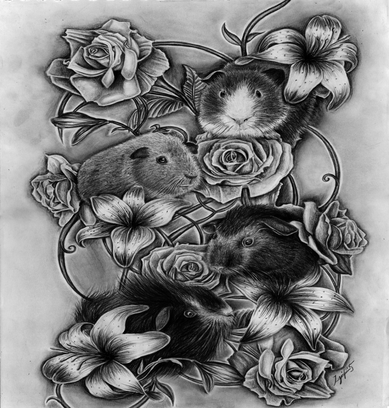 Charming black-and-white rodent flock among flowers tattoo design by Yankee Style 94