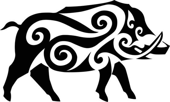 Charming black-ink pig with tribal curl pattern tattoo design