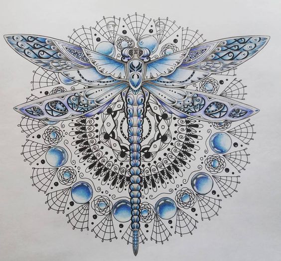 Charming blue-and-grey dragonfly on beautiful mandala flower tattoo design