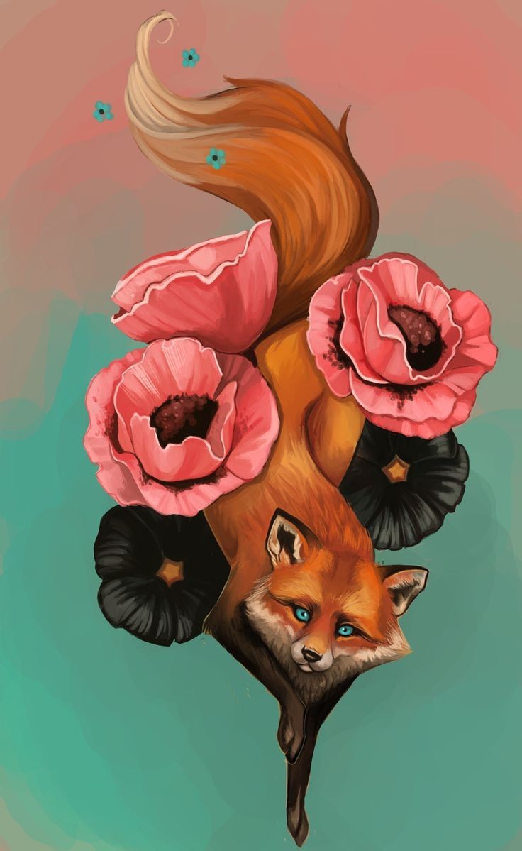 Charming blue-eyed fox with pink and black poppies tattoo design