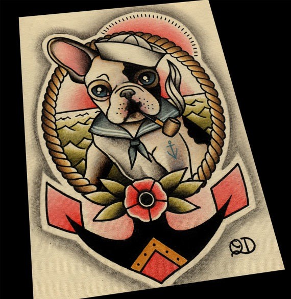 Charming bulldog sailor framed with rope and anchor tattoo design