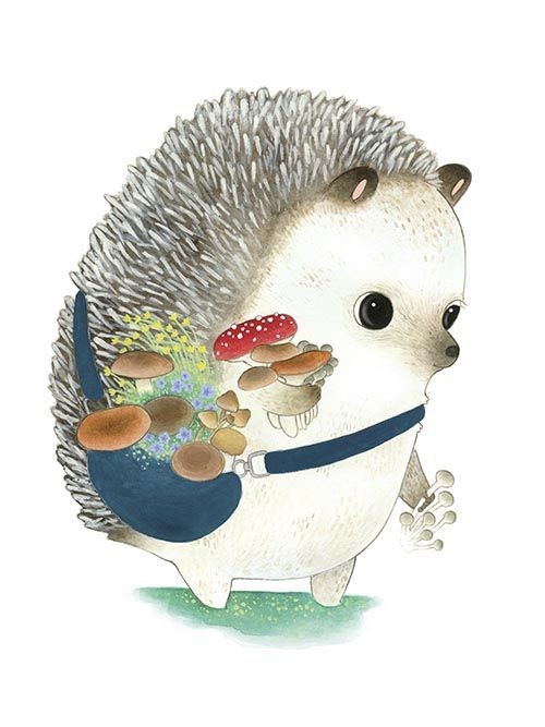 Charming cartoon hedgehog with bag filled with mushrooms tattoo design