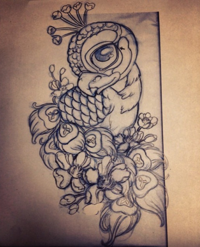 Charming cartoon peacock and flowers tattoo design