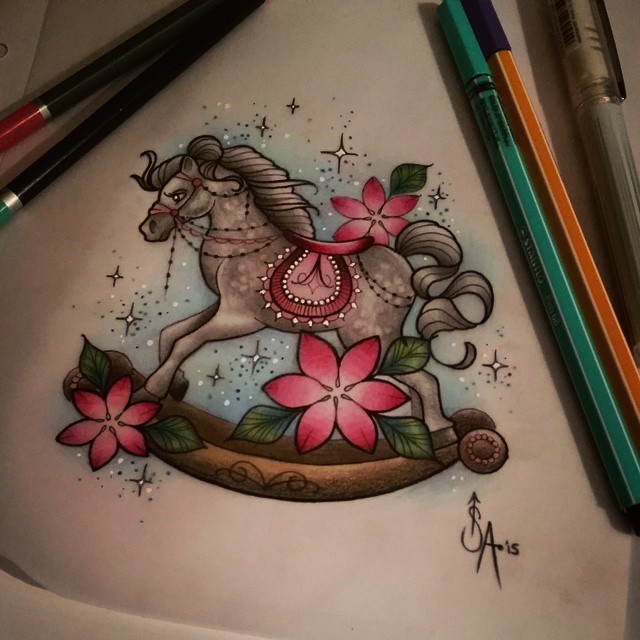 Charming colorful horse toy amd tiny flowers tattoo design