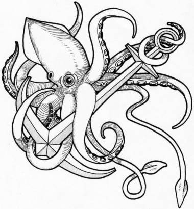 Charming colorless water animal keeping an anchor tattoo design