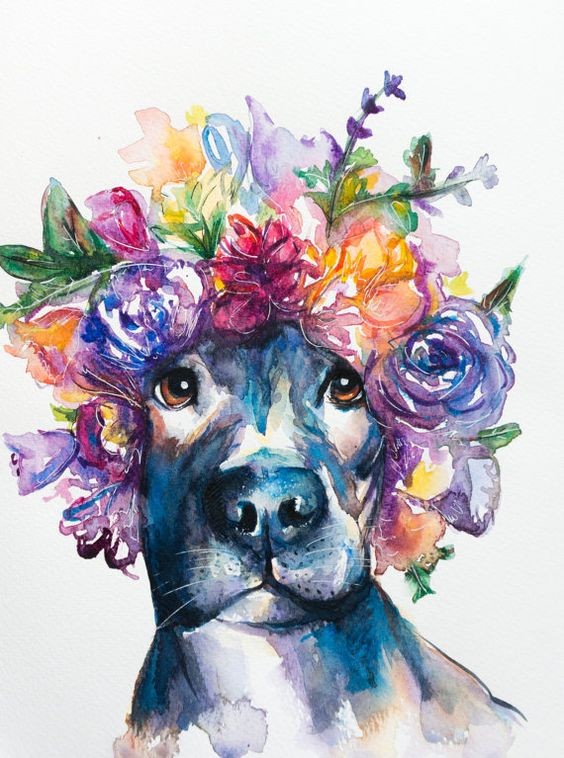 Charming domestic animal in multicolor flowered wreath tattoo design