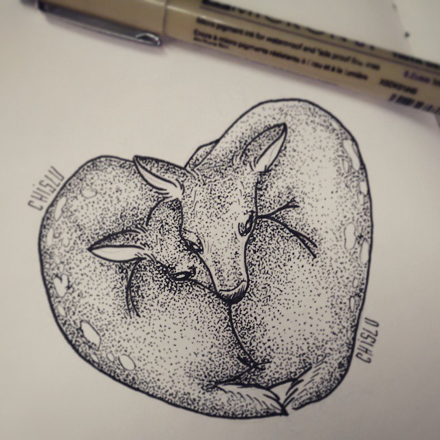 Charming dotwork-style heart-shaped embracing animals tattoo design