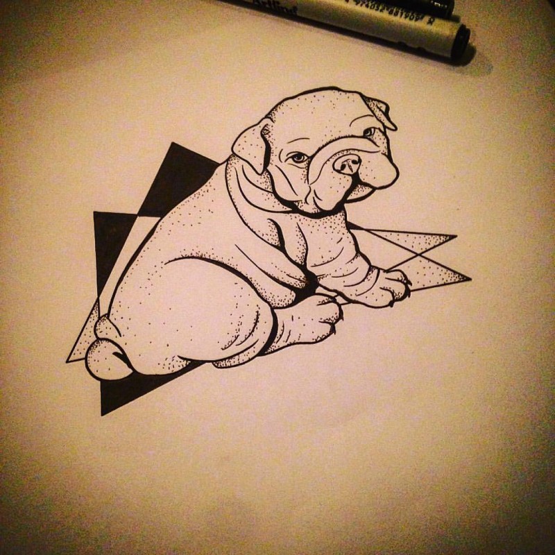 Charming dotwork bulldog puppy with triangle figures tattoo design
