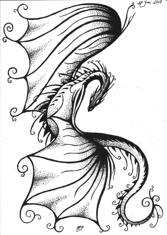 Charming dotwork dragon with huge open wings tattoo design