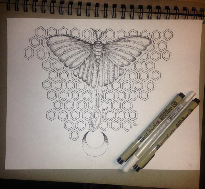 Charming dotwork moth on honeycombs background tattoo design by Digitally Designed