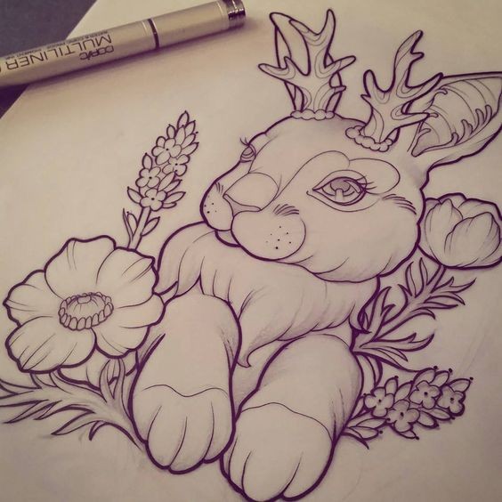 Charming female rabbit with small wooden horns in herbs tattoo design