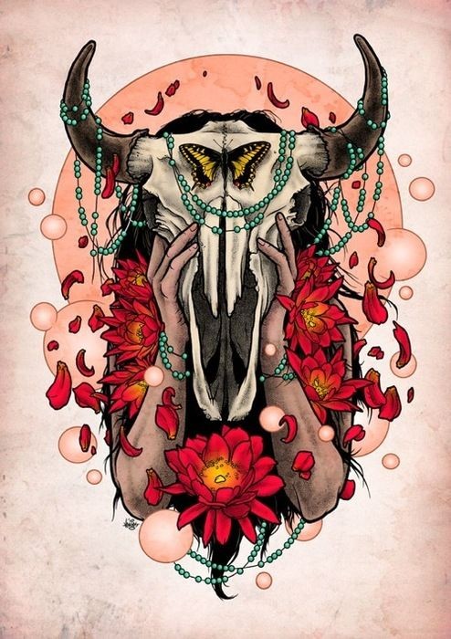 Charming girl keeping bull skull surrounded with red flowers tattoo design