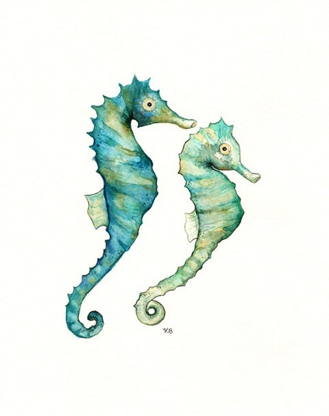 Charming green-and-blue watercolor seahorse couple tattoo design
