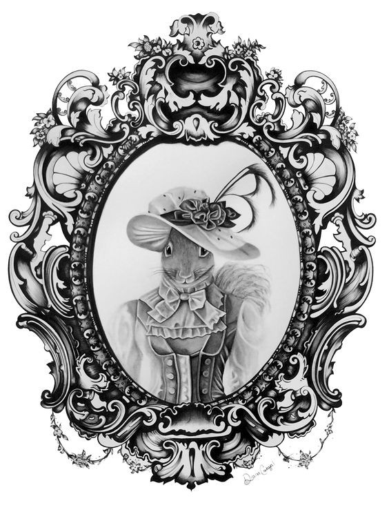 Charming grey-ink dressed lady squirrel in mirror frame tattoo design