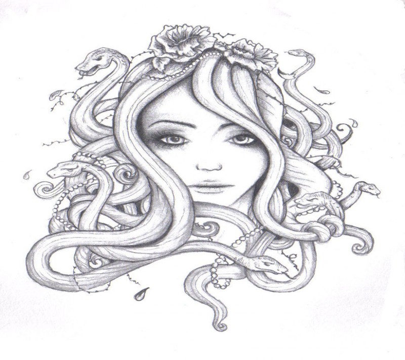 Charming grey-ink medusa gorgona in floral wreath tattoo design