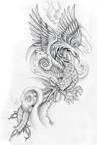 Charming grey-ink phoenix in curly smoke tattoo design