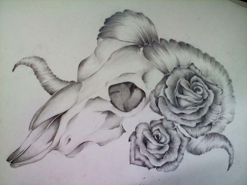 Charming grey-ink ram skull with roses tattoo design