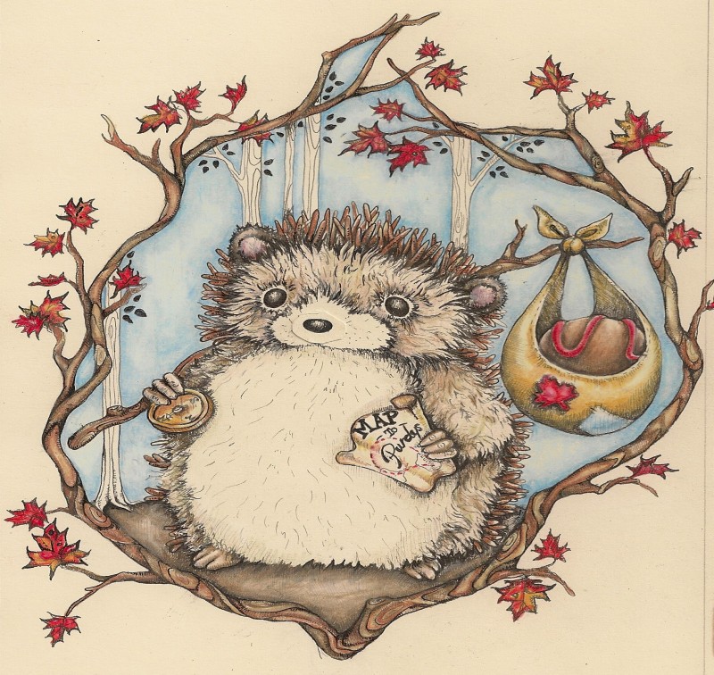 Charming hedgehog with map and bag in maple-leaved frame tattoo design