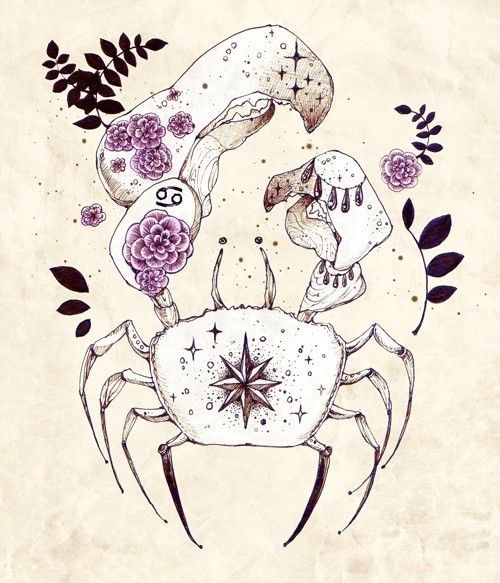 Charming moonlight crab with gigant claw and purple flowers tattoo design