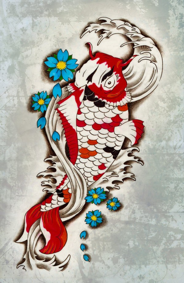 Charming multicolor koi fish tattoo design and blue cherry blossom by Black Silence