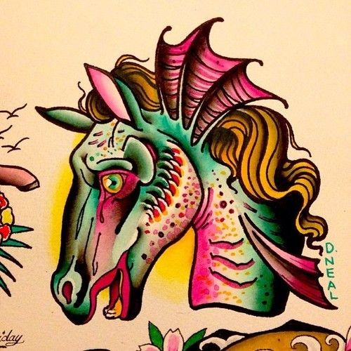 Charming multicolor water horse head with flippers tattoo design