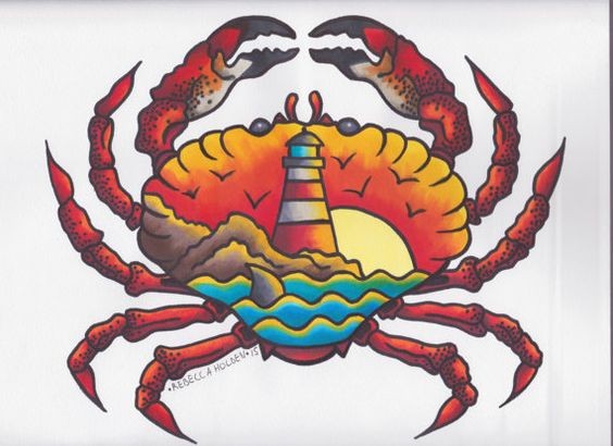 Charming old school crab with lighthouse print tattoo design