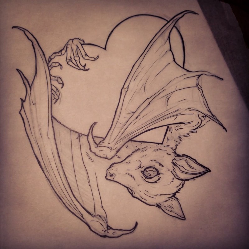 Charming outline bat embracing a huge heart tattoo design