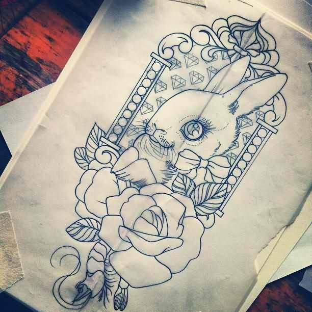 Charming outline rabbit with roses in beautiful frame tattoo design