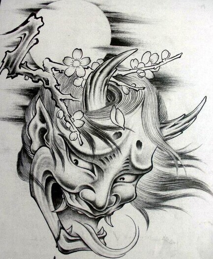 Charmosa cabeça de diabo lapis com língua longa e encaracolada e desenho de tatuagem de flor de cerejeira