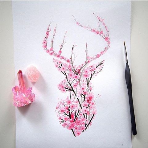 Charming pink cherry blossom deer tattoo design