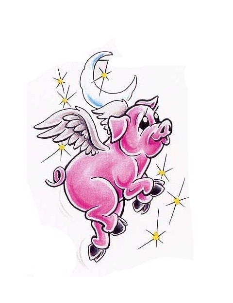Charming pink pig flying in starred sky with half moon tattoo design