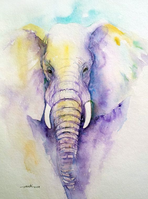 Charming purple watercolor elephant on yellow-and-blue background tattoo design