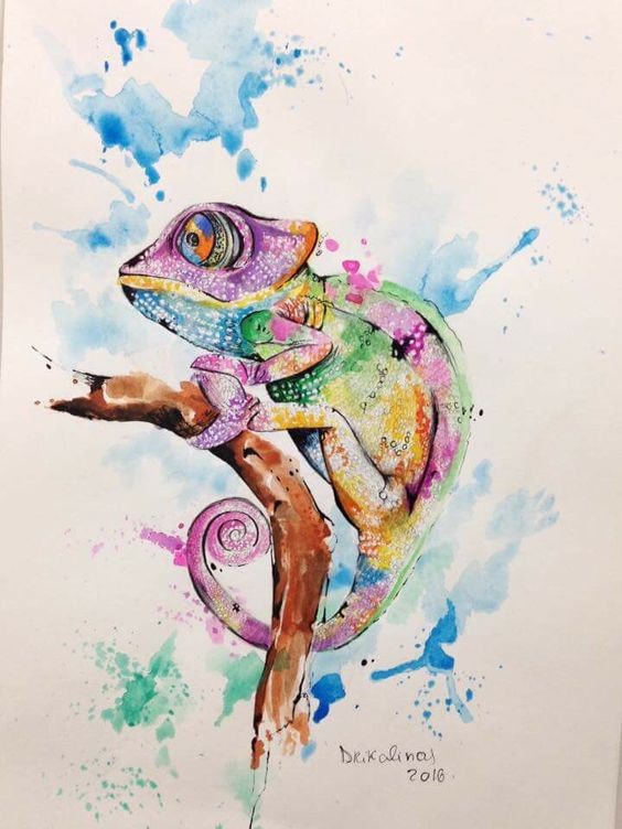 Charming rainbow watercolor chameleon sitting on branch tattoo design