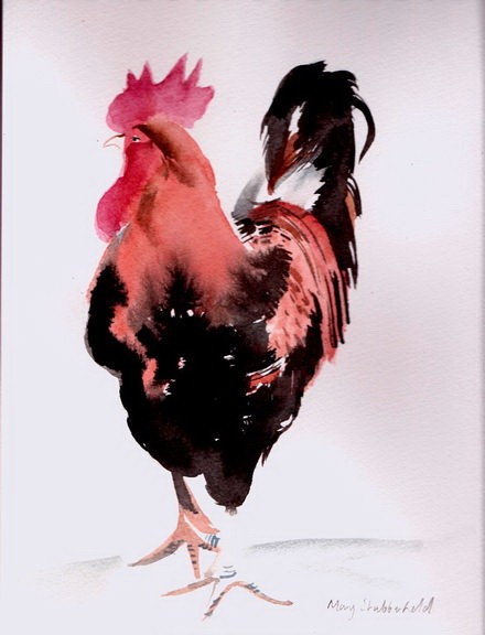 Charming red-and-black rooster tattoo design