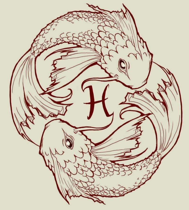 Charming scaled fishes and horoscop symbol between them tattoo design