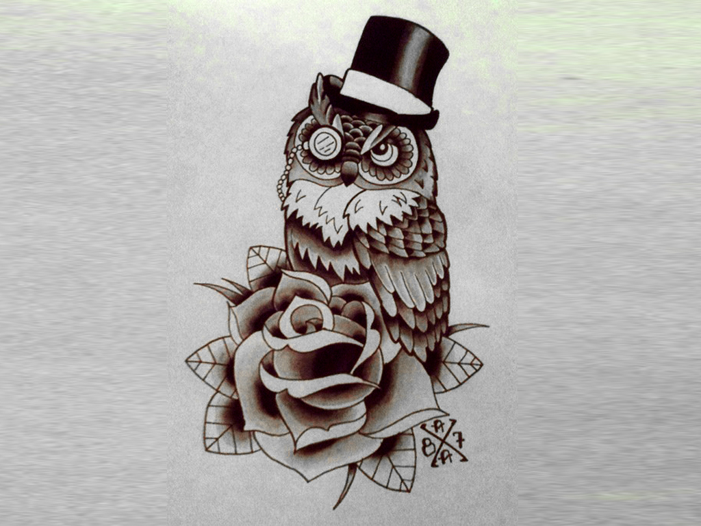 Charming sir-owl sitting on rose tattoo design