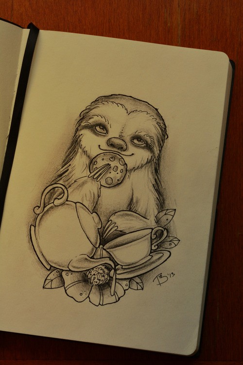 Charming sloth eating cookie with tea tattoo design