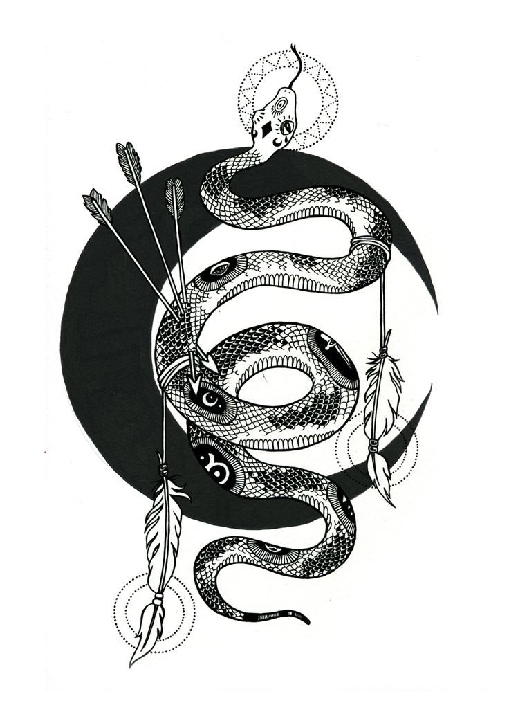Charming snake with arrows and huge black moon tattoo design