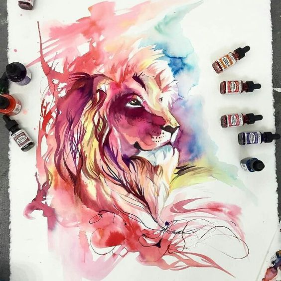 Charming watercolor lion in red-and-blue colors tattoo design