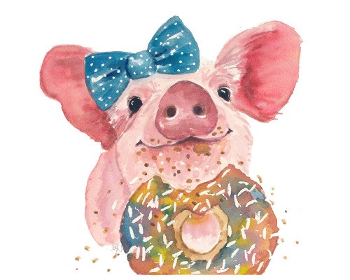 Charming watercolor pig with bow eating nutcake tattoo design