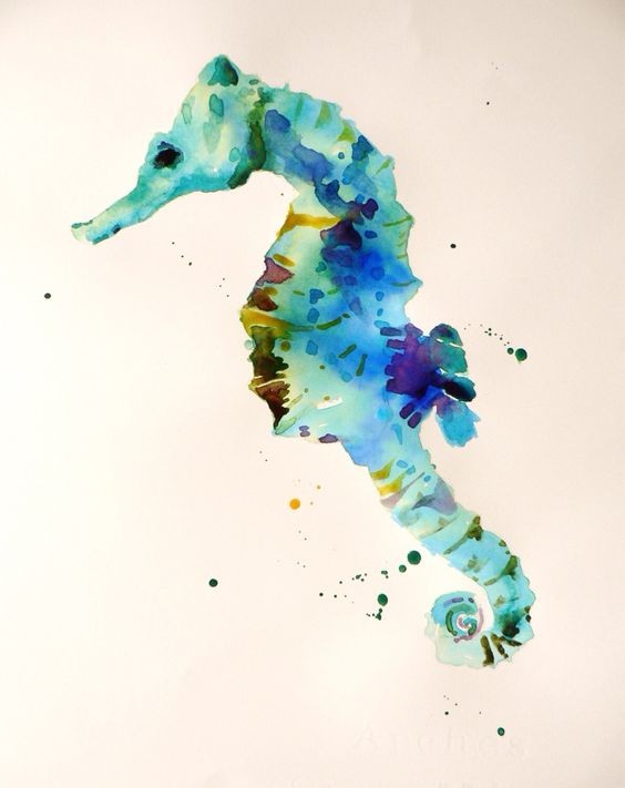 Charming watercolor seahorse in light splashes tattoo design
