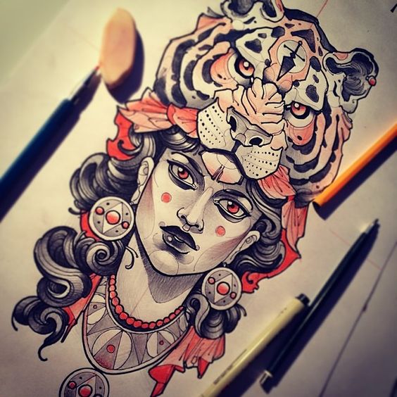 Charming young woman with tiger on head tattoo design